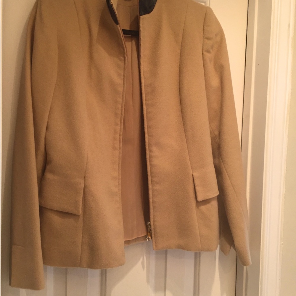 Soft camel color blazer with leather trim